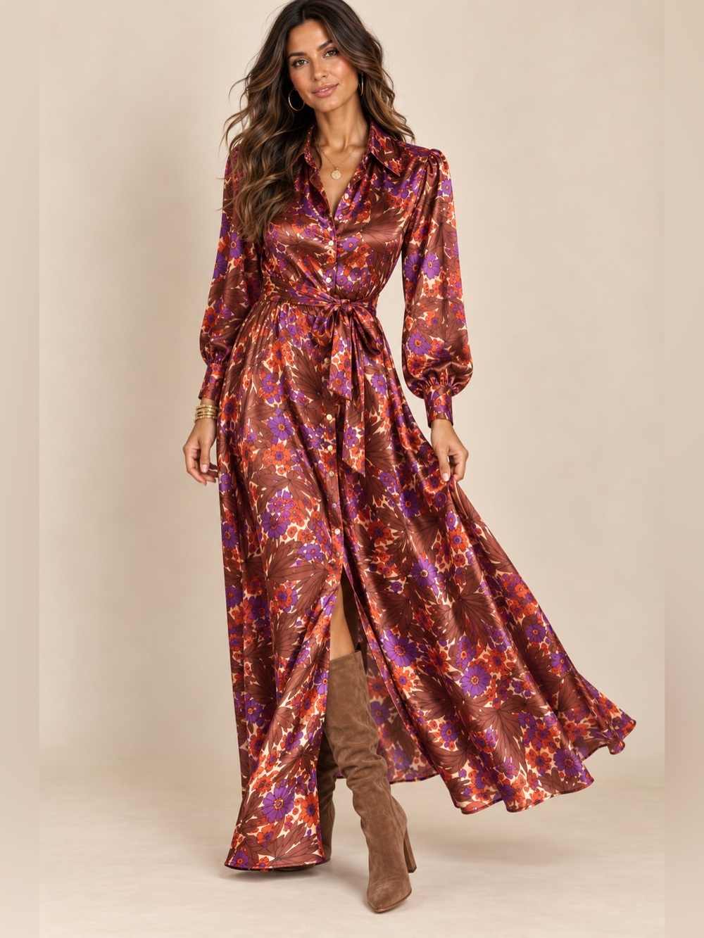 INC International Concepts Brown & Purple Floral Satin Maxi Dress